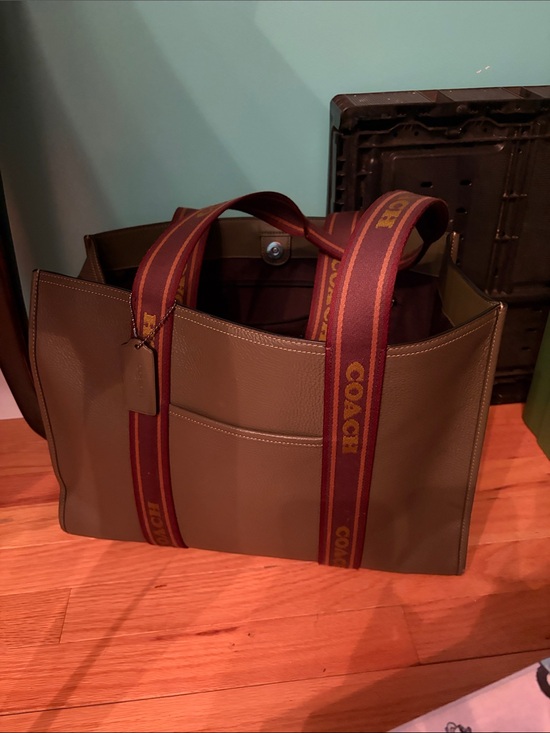 Coach Handbags - Coach Olive Green Leather Tote with Maroon Branded Straps